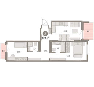 2-к квартира, вторичка, 67м2, 6/9 этаж