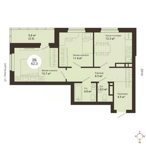 2-к квартира, сданный дом, 62м2, 20/25 этаж