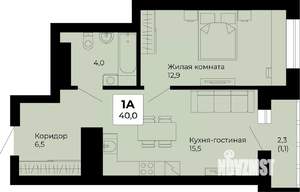 1-к квартира, строящийся дом, 40м2, 22/25 этаж