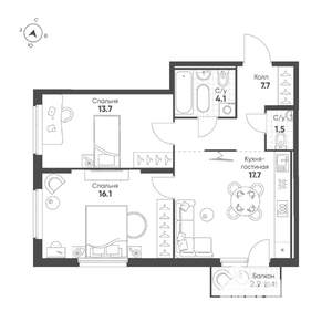 2-к квартира, строящийся дом, 62м2, 6/25 этаж