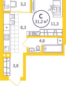 Студия квартира, вторичка, 30м2, 8/32 этаж