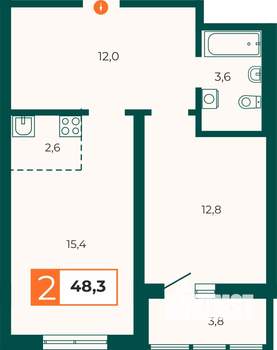 2-к квартира, строящийся дом, 51м2, 23/25 этаж