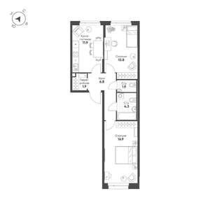 2-к квартира, строящийся дом, 58м2, 2/16 этаж