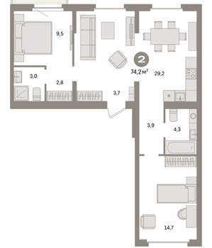 2-к квартира, вторичка, 74м2, 9/9 этаж