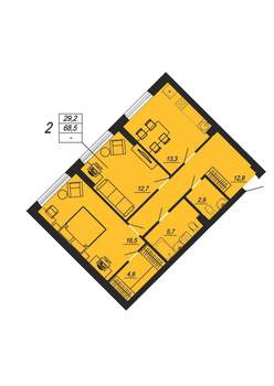 2-к квартира, вторичка, 69м2, 1/24 этаж