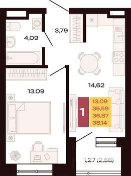1-к квартира, вторичка, 38м2, 9/30 этаж