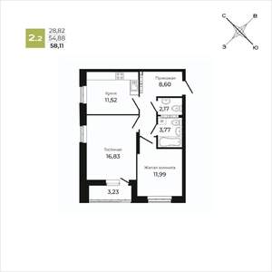 2-к квартира, строящийся дом, 58м2, 12/25 этаж
