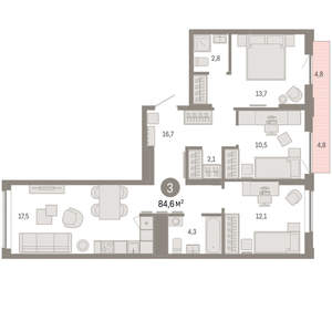 3-к квартира, вторичка, 85м2, 4/16 этаж