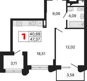 1-к квартира, вторичка, 47м2, 22/25 этаж