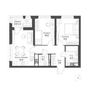 2-к квартира, вторичка, 52м2, 7/16 этаж