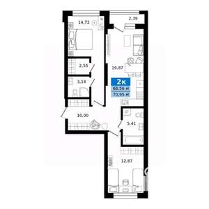 2-к квартира, строящийся дом, 71м2, 13/23 этаж