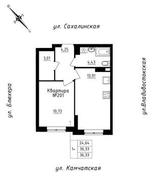 1-к квартира, строящийся дом, 36м2, 17/25 этаж