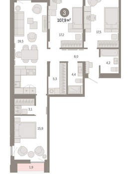 3-к квартира, вторичка, 108м2, 3/16 этаж