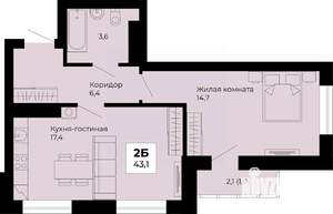 1-к квартира, строящийся дом, 43м2, 23/25 этаж