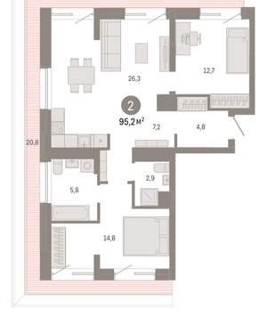 2-к квартира, вторичка, 95м2, 7/7 этаж