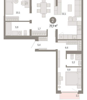 2-к квартира, вторичка, 78м2, 9/9 этаж