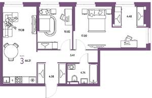 3-к квартира, строящийся дом, 66м2, 4/24 этаж
