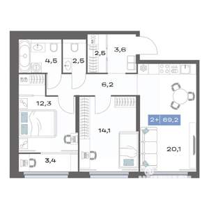 2-к квартира, строящийся дом, 69м2, 16/25 этаж