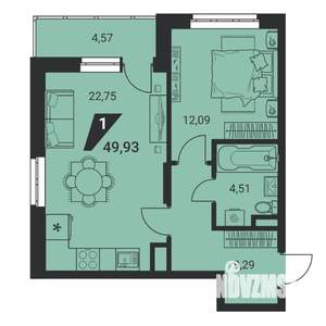 1-к квартира, вторичка, 49м2, 12/25 этаж