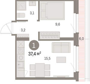 1-к квартира, вторичка, 37м2, 7/9 этаж