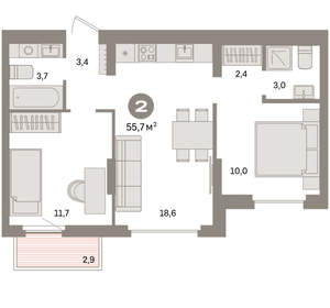 2-к квартира, вторичка, 56м2, 6/9 этаж