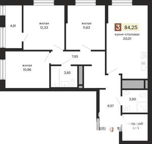 3-к квартира, строящийся дом, 84м2, 9/25 этаж