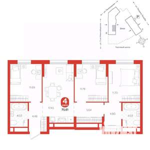 4-к квартира, вторичка, 76м2, 7/24 этаж