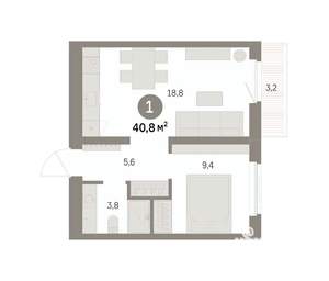 1-к квартира, вторичка, 41м2, 4/9 этаж