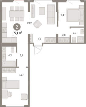 2-к квартира, вторичка, 77м2, 9/9 этаж