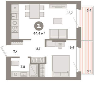 1-к квартира, вторичка, 44м2, 3/16 этаж