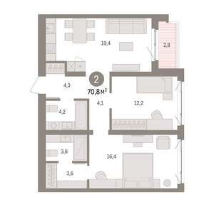 2-к квартира, вторичка, 71м2, 2/15 этаж