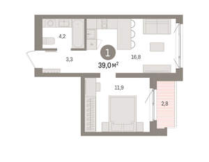 1-к квартира, вторичка, 39м2, 2/15 этаж