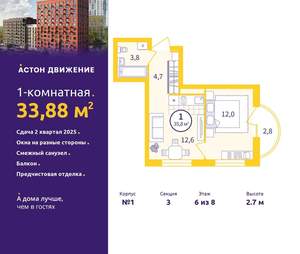 1-к квартира, вторичка, 34м2, 6/12 этаж