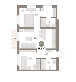 2-к квартира, вторичка, 59м2, 4/9 этаж
