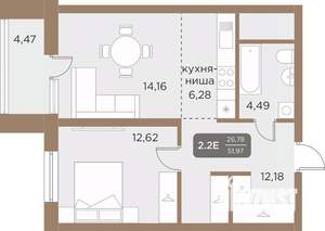 2-к квартира, строящийся дом, 52м2, 24/24 этаж