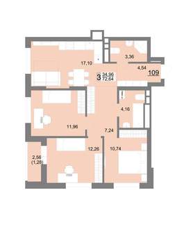 3-к квартира, вторичка, 73м2, 12/22 этаж