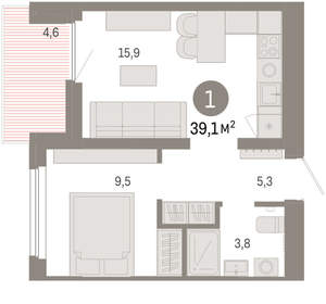 1-к квартира, вторичка, 39м2, 7/9 этаж