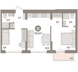 2-к квартира, вторичка, 52м2, 6/16 этаж