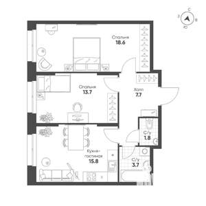 2-к квартира, строящийся дом, 61м2, 5/16 этаж
