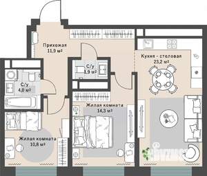 2-к квартира, строящийся дом, 66м2, 15/29 этаж