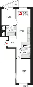 2-к квартира, вторичка, 64м2, 19/25 этаж