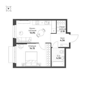 1-к квартира, строящийся дом, 40м2, 3/25 этаж