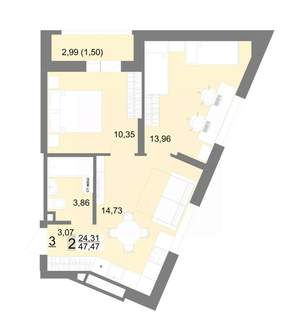 2-к квартира, строящийся дом, 47м2, 2/22 этаж