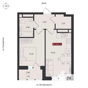 1-к квартира, строящийся дом, 44м2, 5/24 этаж