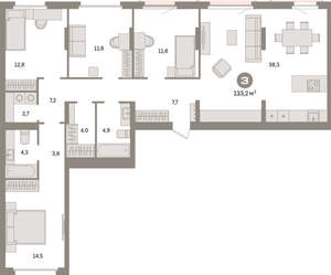 4-к квартира, вторичка, 133м2, 2/9 этаж