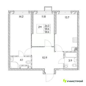 2-к квартира, вторичка, 59м2, 26/31 этаж