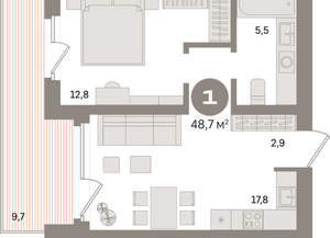 1-к квартира, вторичка, 49м2, 8/24 этаж