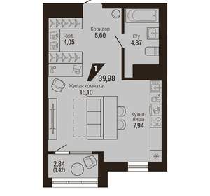 1-к квартира, вторичка, 40м2, 15/23 этаж