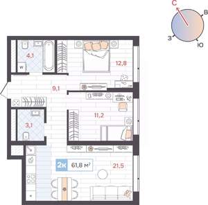 2-к квартира, вторичка, 62м2, 23/31 этаж