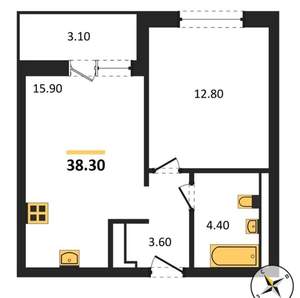1-к квартира, вторичка, 38м2, 12/15 этаж
